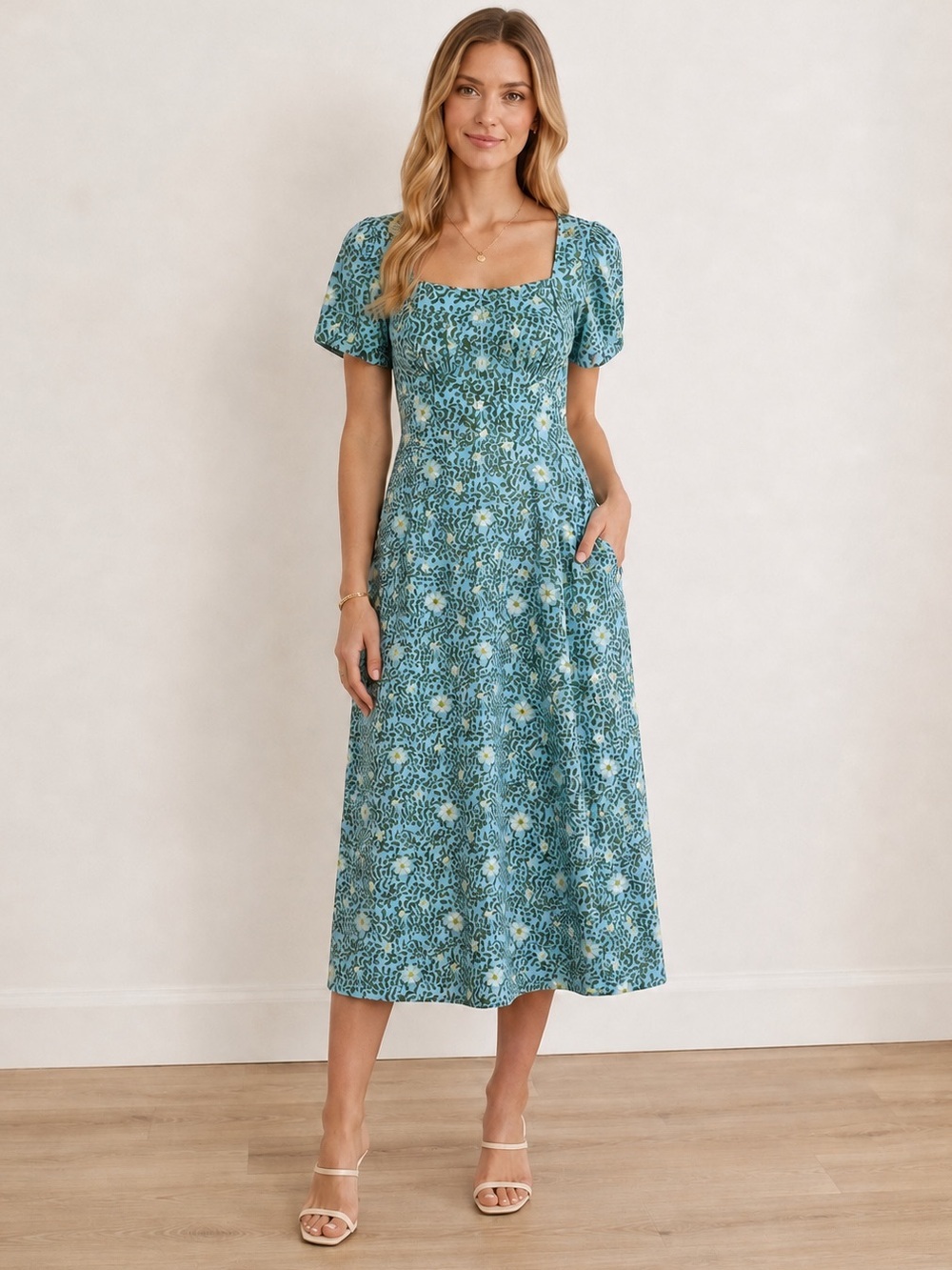 Smith & Quinn Floral Square Neck Midi Dress Size M